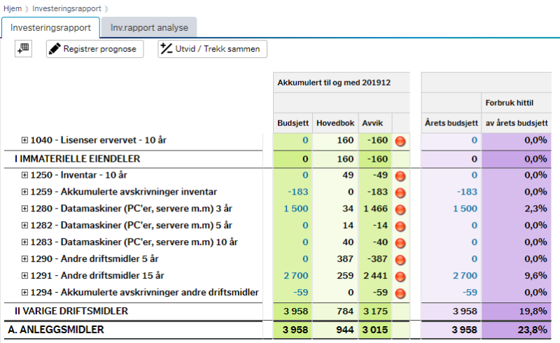 I dette bildet vises investeringsrapporten med budsjett, regnskap og avvik. I tillegg vises kolonner for årets budsjett og forbruk av årets budsjett i prosent. 