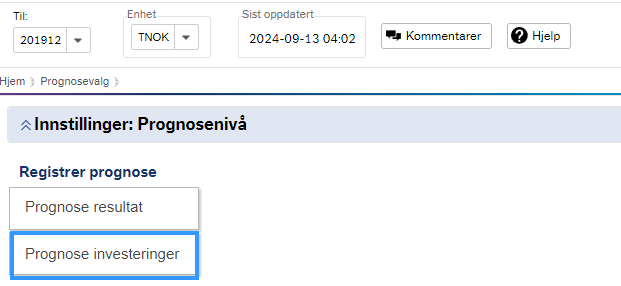 Under menypunktet Registrer prognose er det mulig å velge Prognose investeringer