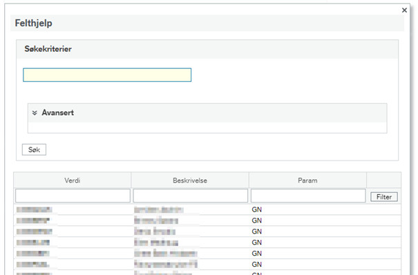 Du kan filtrere på Verdi, Beskrivelse og Parameter under Felthjelp.