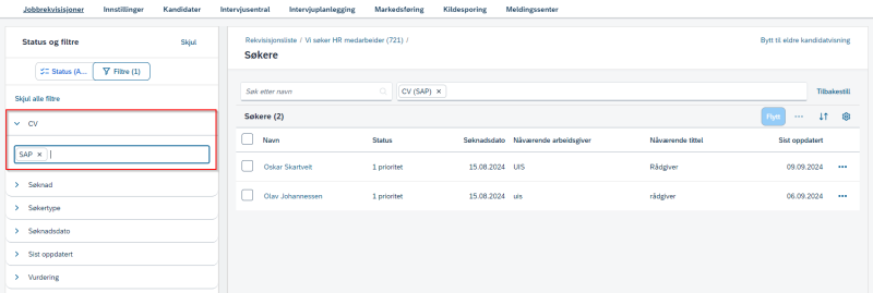 Bildet som viser hvor du kan skrive inn nøkkelord for CV og søknad. 