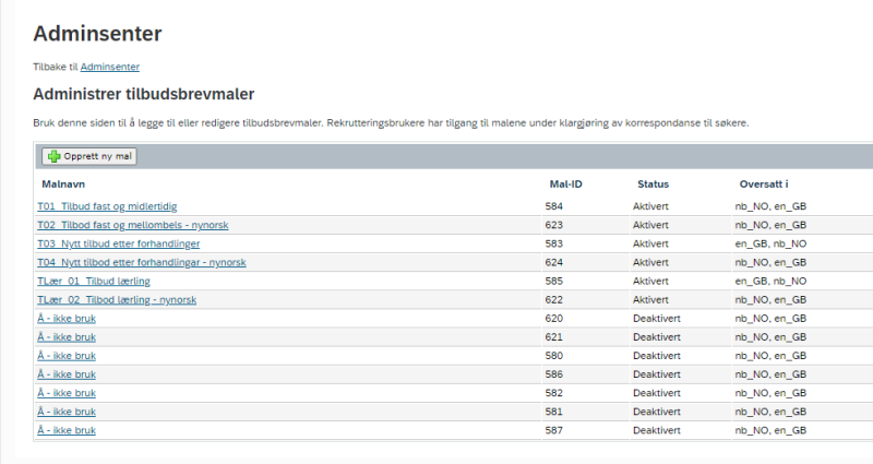 Bildet som viser oversikt over tilbudsbrevmaler.