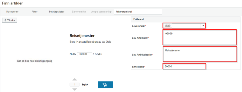 Markering av feltene du må fylle ut ved kjøp av fritekstartikkel for beløp.