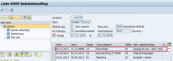 Bildet viser IT0000 Saksbehandling i SAP Fratredelsesdato henter informasjon fra IT0000 Saksbehandling i SAP.