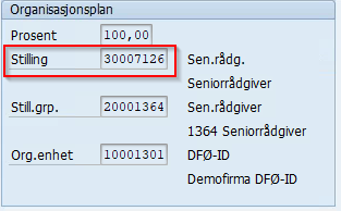 Bildet viser IT00001 i SAP Plass i organisasjonen og viser feltet Stilling.