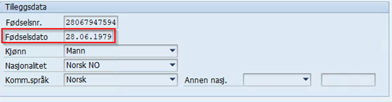 Bildet viser IT0002 i SAP og viser feltet Fødselsdato