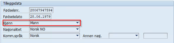 Bildet viser IT0002 i SAP og feltet Kjønn