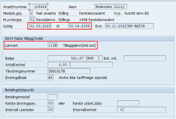 Bildet viser  IT0008 Grunnlønn i SAP og feltene Gyldig og Lønnart.