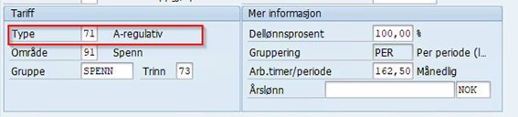 Bildet er et utklipp fra IT0008 i SAP og viser hvilken tariffavtale den ansatte er registrert på.