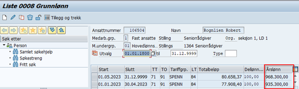 Bildet viser IT0008 Grunnlønn i SAP og viser feltene Årslønn.