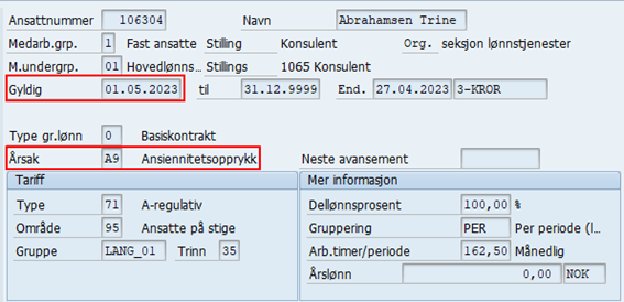 Bildet viser IT0008 Grunnlønn i SAP og viser feltene Gyldig og Årsak.