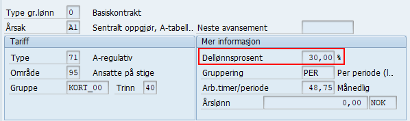 Bildet viser IT0008 Grunnlønn i SAP og viser feltet Dellønnsprosent.