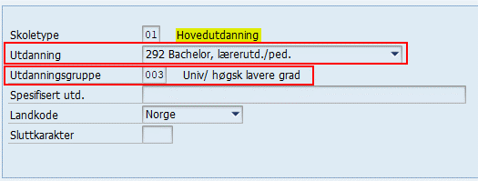 Bildet viser IT0022 i SAP og viser feltene Utdanning og Utdanningsgruppe.