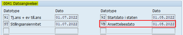 Bildet er et utklipp fra IT0041 i SAP og viser de ulike datoangivelsene.