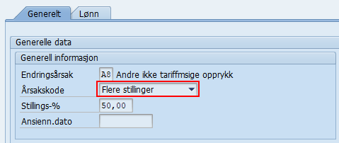 Bildet er et utklipp fra IT0509 i SAP Aktivitet med høyrere lønn og viser feltet Årsakskode.