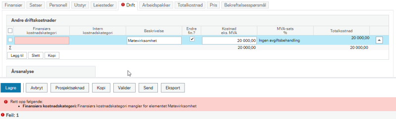 Feilmeldingen sier «Rett opp følgende: Finansiørs kostnadskategori: Finansiørs kostnadskategori mangler for elementet Møtevirksomhet.»