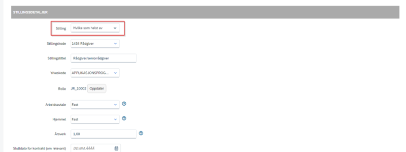 Bildet som viser at stilling ikke er utfylt og må legges til manuelt. 