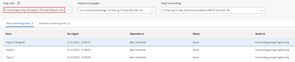 Bildet viser at det er det siste tilbudet som er sendt fra Forhandlingsutvalg arbeidsgiver i Prioriteringsliste som lastes opp via «Hent siste tilbud».