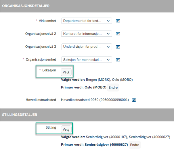 Bildet viser Organisasjonsdetaljer i rekruteringsmodulen i DFØ HR