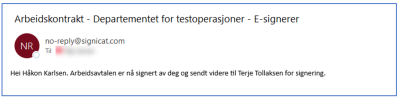 Bilde viser e-post som mottas av leder etter signering. 