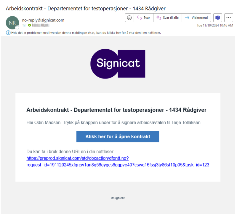 Bilde viser hvordan e-posten som leder mottar for signering ser ut 