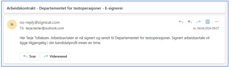 Bilde av e-posten som kandidaten mottar etter signering.