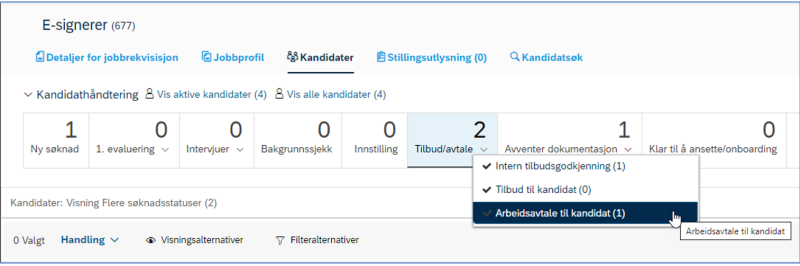 Bilde som viser den nye statusen som er opprettet for å bruke e-signering av arbeidsavtaler