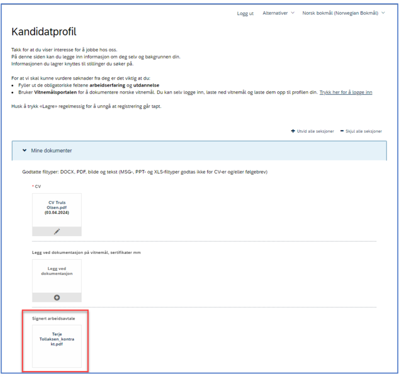 Bilde som viser hvor avtalen ligger på kandidatprofilen. 