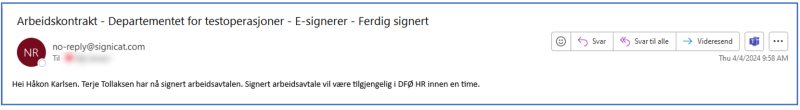 Bilde som viser e-post som kandidat mottar etter signert arbeidsavtale.
