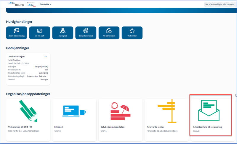 Bildet som viser e-signeringsappen i DFØ HR. 