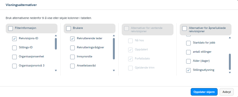 Skjermbilde som viser hvor du velger "stillingsutlysning" som et visningsalternativ