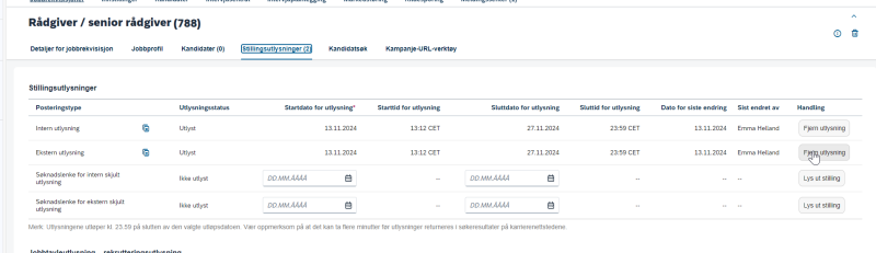 Skjermbilde som viser hvor du kan fjerne stillingsutlysningen 