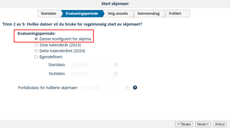 Skjermbilde av evalueringsperiode for start skjema