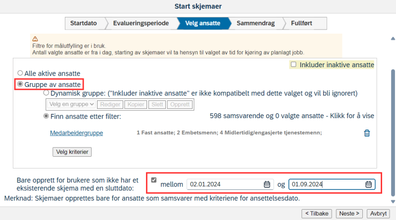 Skjermbilde av datobegrensning for valg av ansatte 