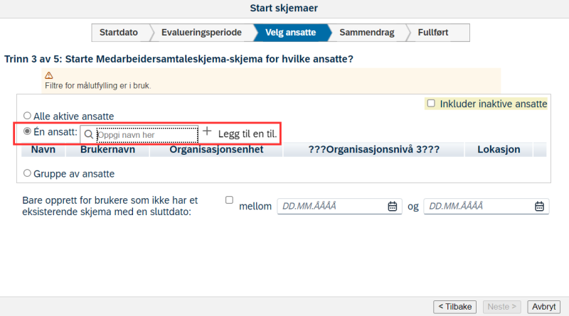 Skjermbilde av valg av ansatte for start skjema