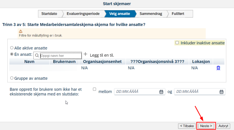 Skjermbilde av valg av ansatte for start skjema