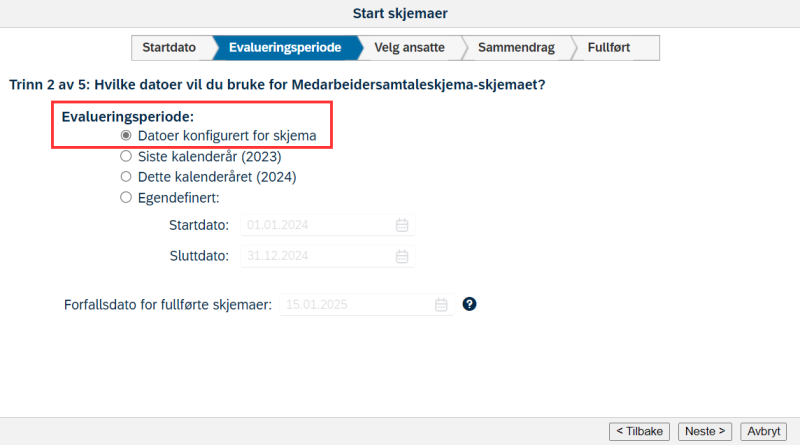 Skjermbilde evalueringsperiode for start skjema