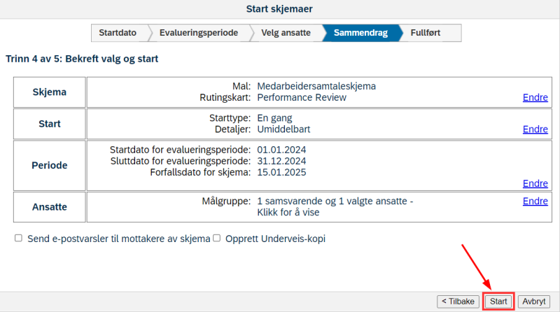 Skjermbilde av sammendrag for start skjema