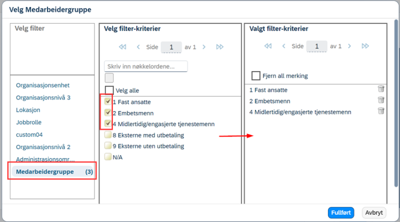 Skjermbilde av valg av medarbeidergrupper