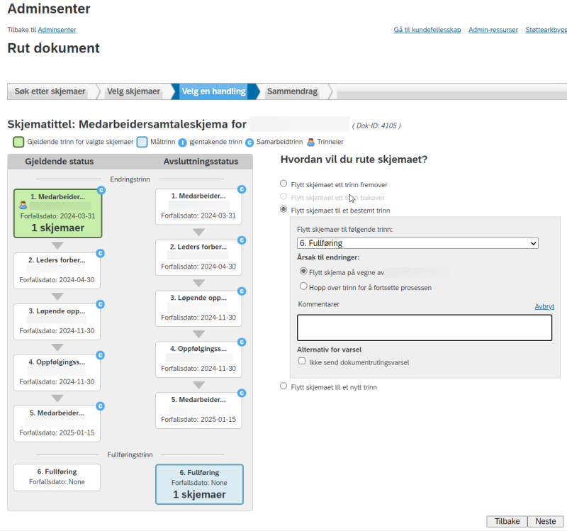 Skjermbilde av valg av handling for rut dokument