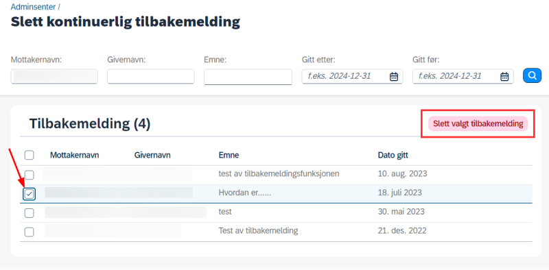 Skjermbilde av valgt tilbakemelding