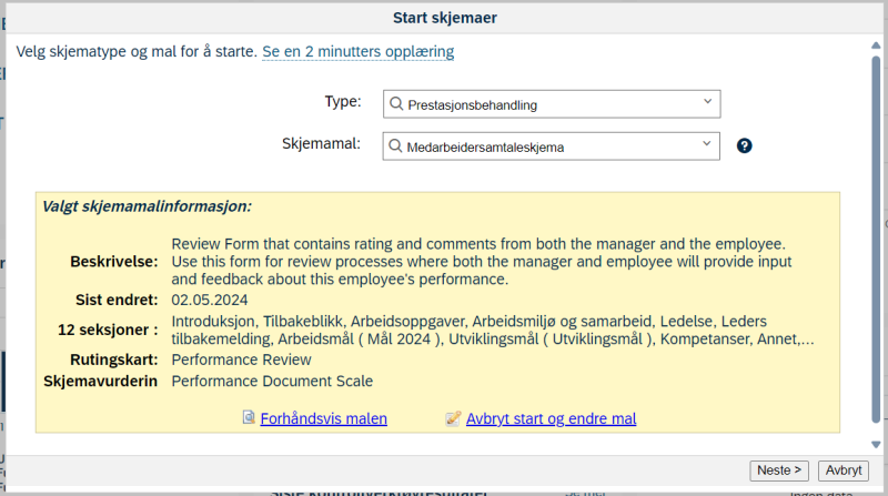 skjermbilde start skjema mal