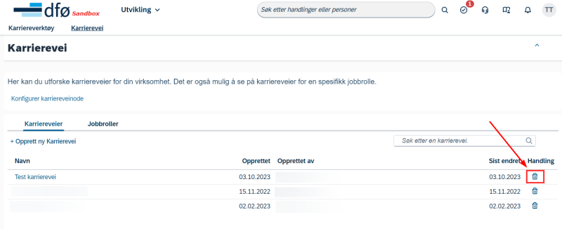 Skjermbilde av sletting av karrierevei