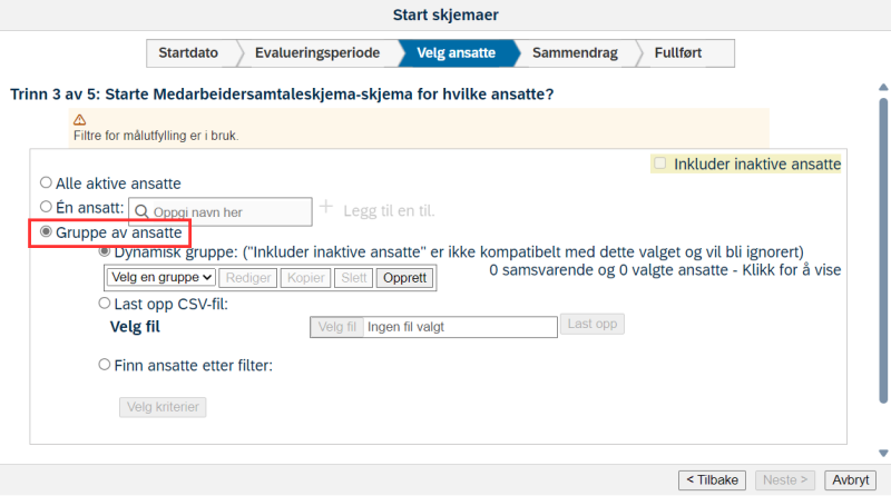 Skjermbilde av valg av ansatte for start skjema