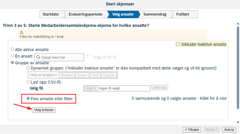 Skjermbilde av velg ansatt etter filter