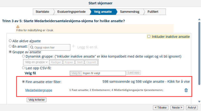 Skjermbilde av fullført valg av ansatte