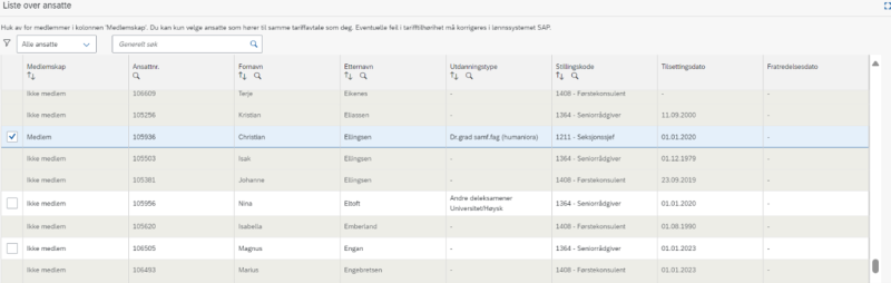 Bilde som viser avhuking i liste over ansatte