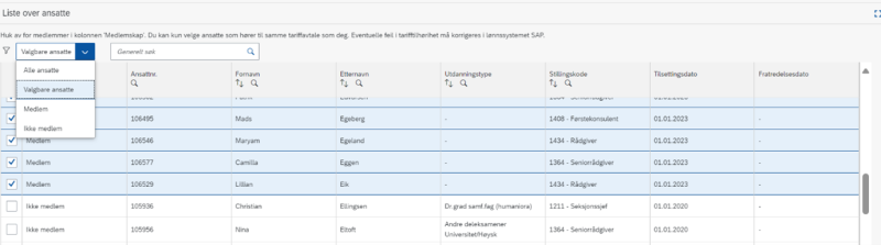 Bilde som viser liste over ansatte