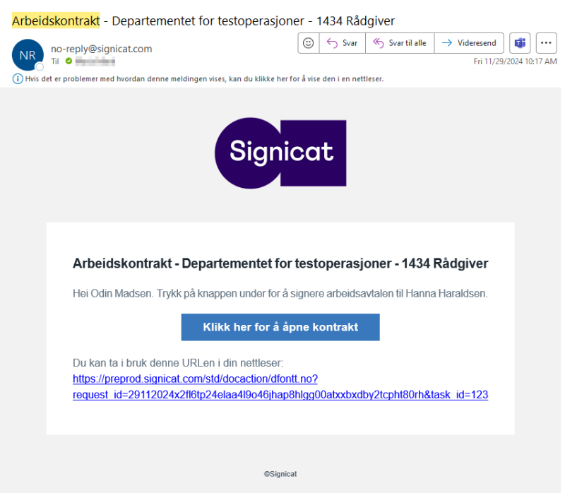 Bilde av e-posten som sendes til leder for signering