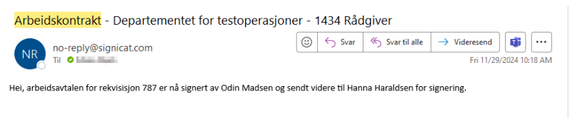 Bilde som viser e-post som sendes til rekrutterer som bekreftelse på signering