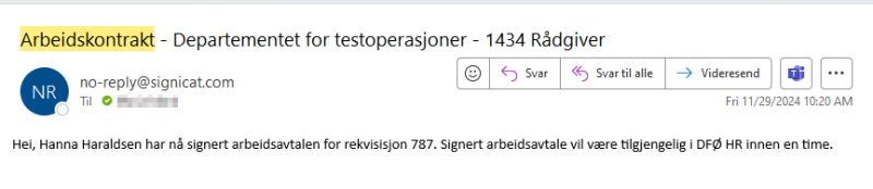 Bilde som viser e-post som sendes til rekrutterer for bekreftelse på at kandidat har signert arbeidsavtale.